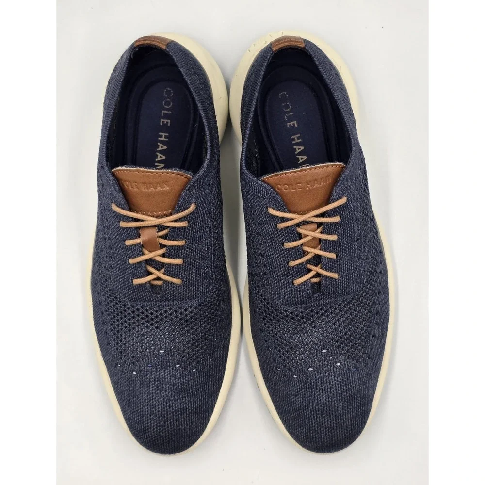Cole Haan Mens Grand Troy Knit OX Marine Navy Blue Ivory Dress Shoes Size 8